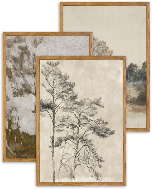 UPWOIGH Neutral Landscape Framed Wall Art, 16 x 24 Inch, Set of 3 | Muted Tree and Countryside Prints, Soft Beige and Gray Tones, Light Wood Frames for Bedroom, Office and Living Room
