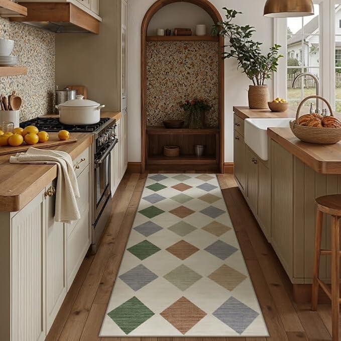 PureCozy 3x8 Runner Checkered Rug for Hallways Washable Long Carpet Non-Slip Low Pile Boho Indoor Accent Throw Rug for Entrance Kitchen Bedroom Dining Laundry