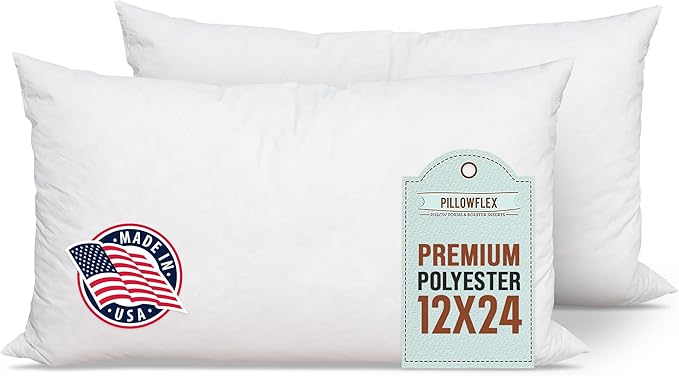 Pillowflex Premium Polyester Pillow Insert – 12x24 - Rectangle Pillow Form, Machine Washable, Soft Sham Supports, Decorative Form for Covers and Throw Pillows, Hypoallergenic - Made in USA - 2 Pack