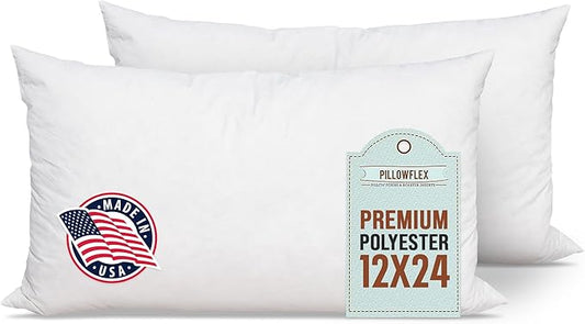 Pillowflex Premium Polyester Pillow Insert – 12x24 - Rectangle Pillow Form, Machine Washable, Soft Sham Supports, Decorative Form for Covers and Throw Pillows, Hypoallergenic - Made in USA - 2 Pack