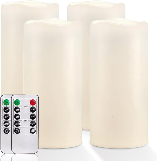 Homemory 4" x 8" Large Waterproof Outdoor Flameless Candles with Remote Control and Timer, Battery Operated Flickering LED Pillar Candles for Indoor Outdoor Lanterns, Porch, Long Lasting, Set of 4
