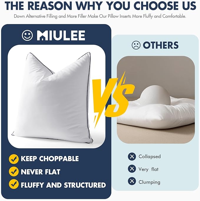 MIULEE 18x18 Pillow Inserts, Fluffy Down Alternative Filling Pack of 2 Ultra Soft Throw Pillows for Sofa Couch Bed
