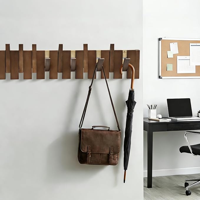 26.8" Wooden Piano Key Coat Rack Wall Mounted, 10 Hooks Natural Walnut Wall Coat Rack, Wall Mounted Coat Rack for Hanging Coats/Hats/Keys/Towels/Bags