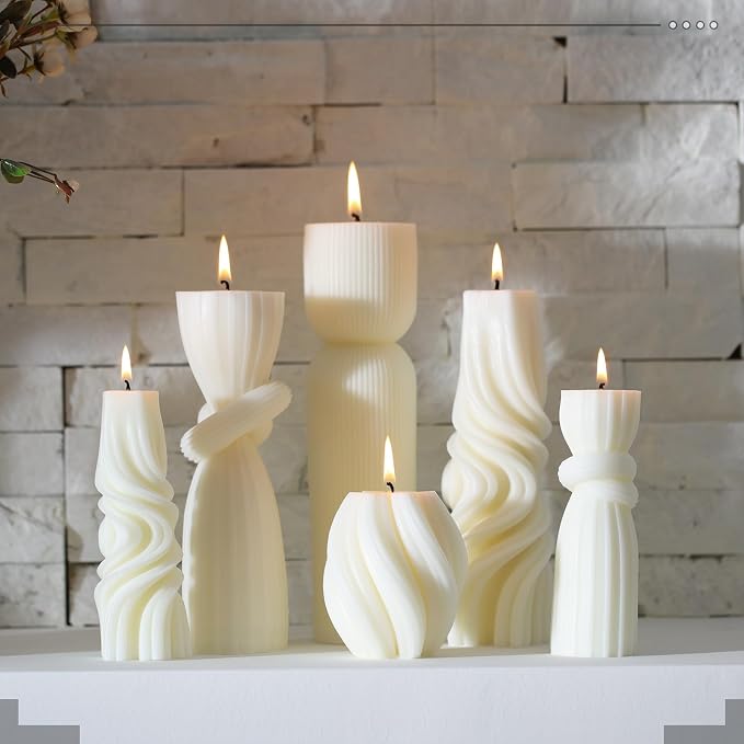 Threlaco 6 Pcs Ribbed Pillar Candles Modern Aesthetic Ribbed Decorative Candle Set Cute Soy Wax Scented Decor for Home(Milky White)