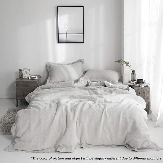 Simple&Opulence 100% Linen Duvet Cover Set with Embroidery Border Washed - 3 Pieces (1 Duvet Cover with 2 Pillow Shams) with Button Closure Soft Breathable Farmhouse - Light Grey, Full Size