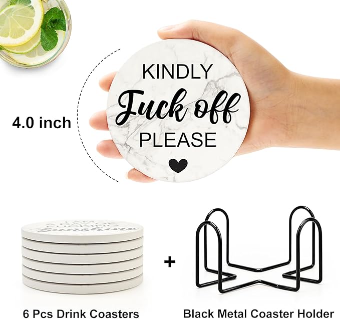 Funny Coasters with Holder Cool Gag Gifts for Adult Women Drink Fun Cup Coaster Set of 6 Coffee Table Bar Decor Unique Modern Coasters Man Cave Accessories Home Housewarming Gift Barsys Coster