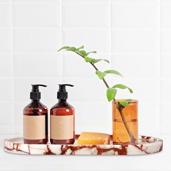 Oval Marble Bathroom Vanity Tray, Natural Luxury Marble Home Kitchen Bathroom Table Tray, Stone Decorative Countertop Tray for Coffee Perfume Jewelry (Calacatta Red, 12" x 6" x 0.8")