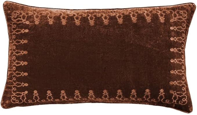 HiEnd Accents Stella Faux Silk Velvet Embroidered Lumbar Pillow, 14x24 inch, Copper Brown, Romantic Western Modern Traditional Style Luxury Bedding, Decorative Throw Pillow
