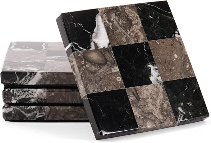 Marble Coasters Set of 4, Zebra Black & Oceanic Handmade 4 inch Stone Coaster, Square Drink Checkered Coasters for Coffee Table, Stylish Bar Accessories & Modern Home Décor