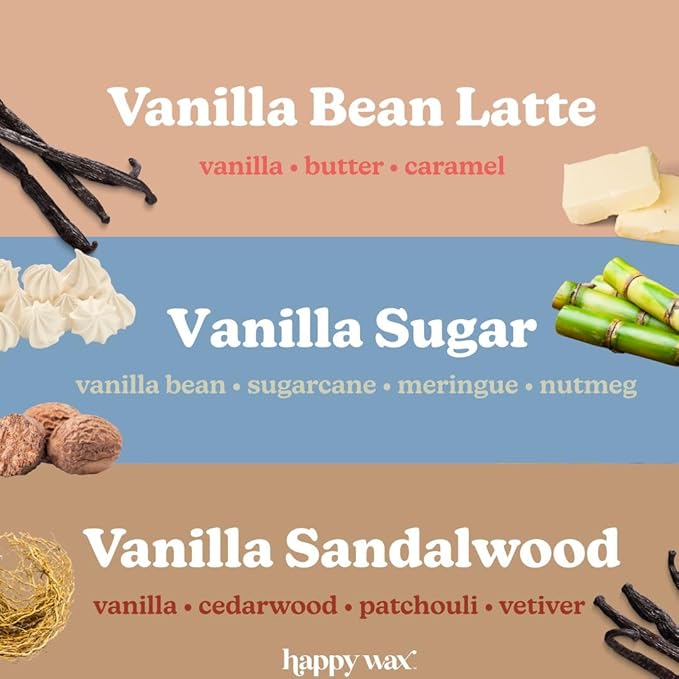 Happy Wax Vanilla Lovers Scented Natural Soy Wax Melts – 6 Oz Total - Includes: Vanilla Bean Latte, Vanilla Sugar and Vanilla Sandalwood