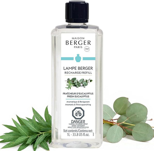 Maison Berger Fresh Eucalyptus Lampe Berger Refill, 1 Liter (33.8 fl oz), 2-in-1 Catalytic System, Neutralizes Odors and Diffuses Fragrance, Citrus, Green Notes, Lavender, Eucalyptus, Made in France