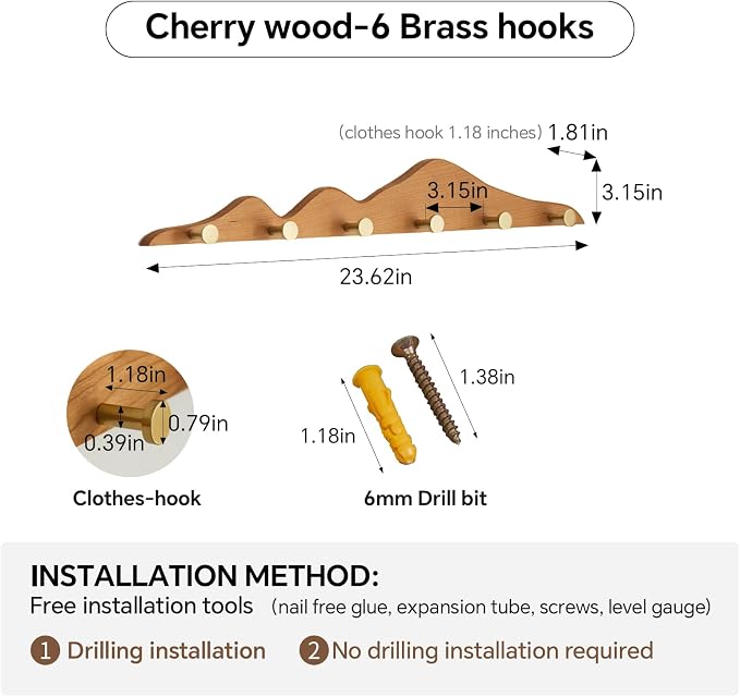 Elegant Wall Coat Rack with Hooks Cherry Wood Solid Coat Hanger Wall Mount with 6 Brass Hooks, Moisture-Resistant Wax Oil Finish for Home (Cherry, 6 Hooks)