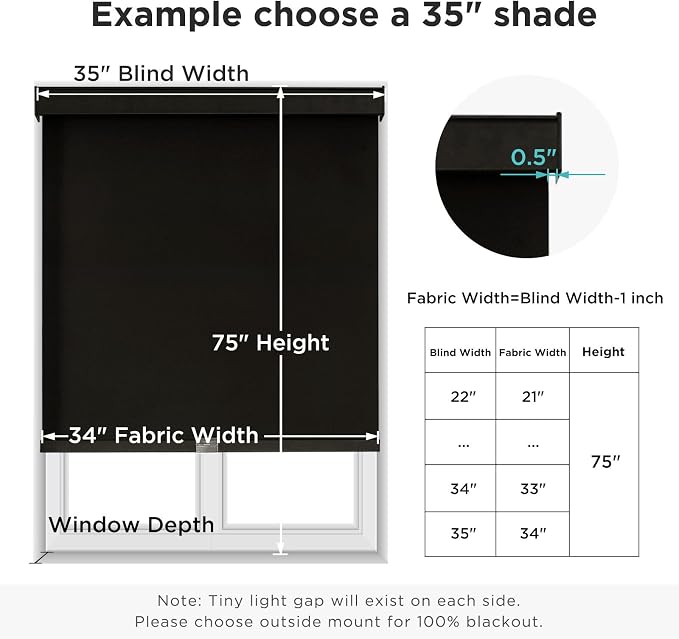 Joydeco 100% Blackout Roller Shades (Pro), Free-Stop Cordless Blinds for Windows, UV Protection, Natural Woven Blinds for Home and Office, Light-Proof Aluminum Cover (22" W x 75" H, Black)