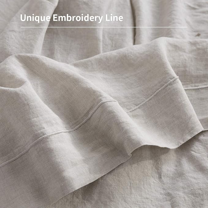 Simple&Opulence 100% French Linen Pillowcase King Size-Set of 2- Washed Solid Color Pillow Cases Embroidered -Soft and Durable (Linen, 20''x40'')