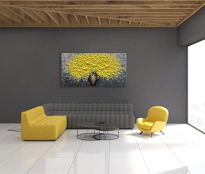 zoinart 3D Oil Painting on Canvas Yellow Flowers Modern Canvas Wall Art Home Decorations Floral Artwork Framed Wall Pictures Texture Contemporary Art Wall Decor