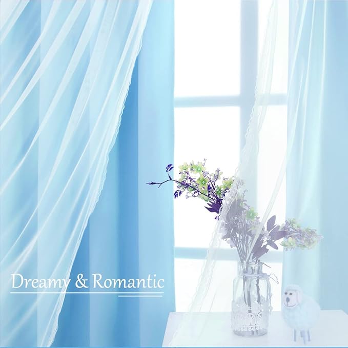 Blue Curtains 90 inch Length 2 Panels Set - Double Layered Blackout Curtain Drapes with White Sheer Voile and Lace Hem for Kids/Girls Bedroom Living Room Nursery (52x90 inch, Sky Blue)