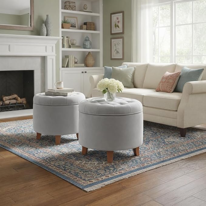 HomePop by Kinfine Fabric Upholstered Round Storage Ottoman - Velvet Button Tufted Ottoman with Removable Lid, Light Gray Small
