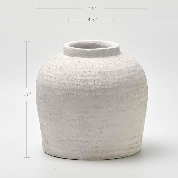 LB2 White Ceramic Large Vase, 11" Tall Zen Style, Terra Cotta Pitcher, Distressed Farmhouse Decor, Pottery Decorative Flower for Home Decor (B - White 11")