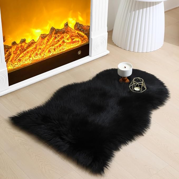 Faux Fur Rug 2 x 3 ft Sheepskin Shaggy Fuzzy Black Area Rug Super Soft Fluffy Plush Carpet for Bedroom Living Room Sofa Floor Kids Room Bedside