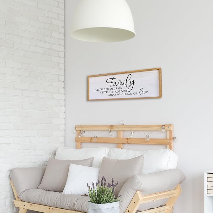 Family A Little Bit Of Crazy Sign Wall Decor 32"×12" Rustic Farmhouse Living Room Large Soild Wood Framed Hallway Hanging Sign Aesthetic Inspirational Quotes Entryway Home Wall Art (Wood)