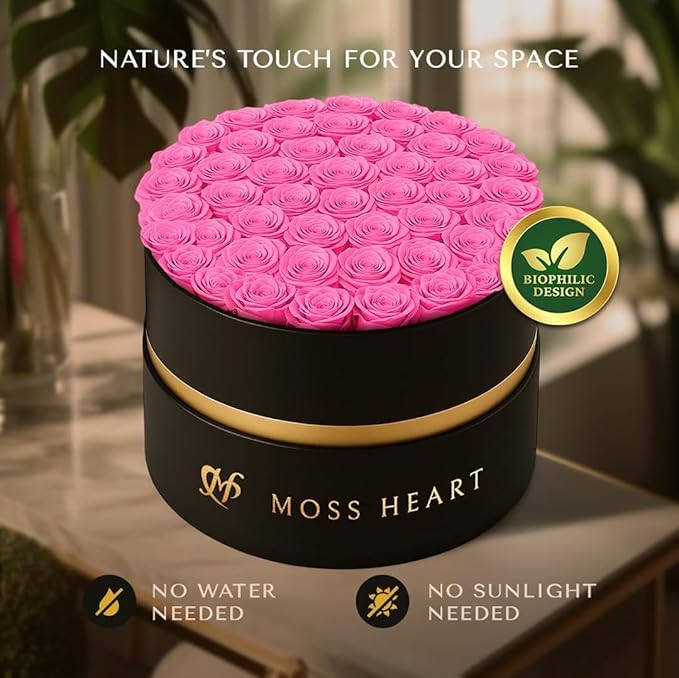50 Petite Preserved Roses, Designer Round Box, Real Forever Roses Last 1+ Year, Premium Gift for Women, Wife, Girlfriend, Mother’s Day, Birthday, Anniversary, Valentine’s Day