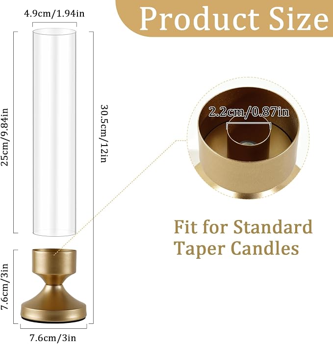 Hurricane Glass Candle Holders, Set of 6 Metal Taper Candlesrick Holders for Centerpieces Tall Gold Candle Stands Bulk with Glass Cylinder for Wedding Birthday Party Table Decor