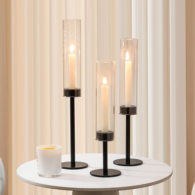 Black Hurricane Glass Candle Holders Set of 6 Tall Taper Candlestick Holder | Metal Candle Stick Holders, for Dining Dinner, Weddings, Christmas Fireplac Decorations, Table Centerpieces Decor