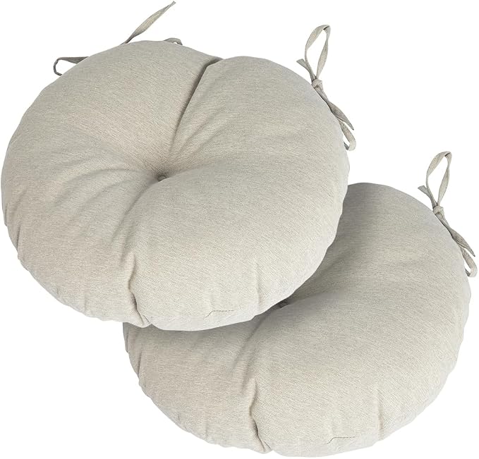Magpie Fabrics Outdoor 15"x15"x4" Round Bistro Seat Cushions with Ties Set of 2, Tufted Waterproof Patio Floor Chair Pads for Home Garden Balcony Kitchen Office Porch, Taupe