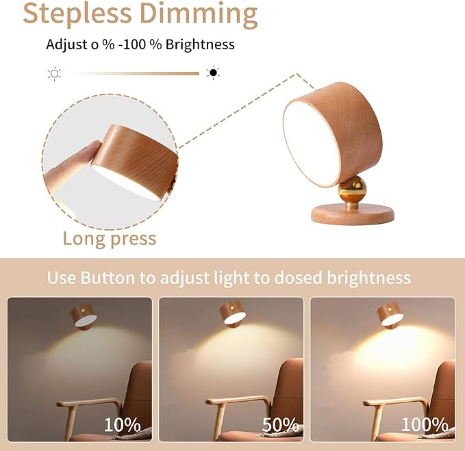 LANDGOO Wood Wall Sconce, Sapele Wood Magnetic 360° Rotatable Cordless Bedside Lamp Set, Rechargeable & Dimmable LED Lights with Touch Control, Wireless Wall Mount for Bedroom