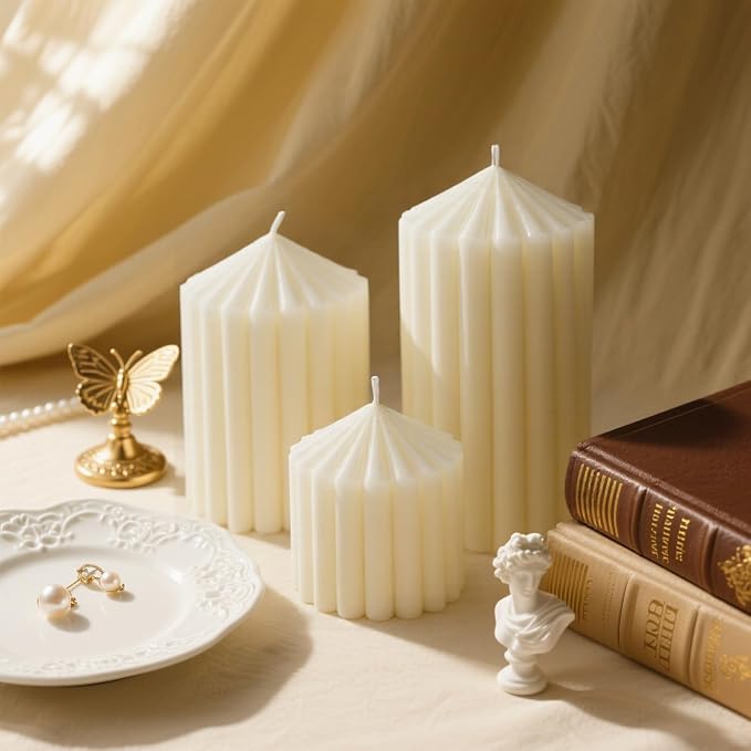 6 Sets Ribbed Pillar Candles 2.8, 4.2, 5.1 Inches Heights Romantic White Soy Wax Scented Ribbed Candles for Home Decoration Birthday Gift