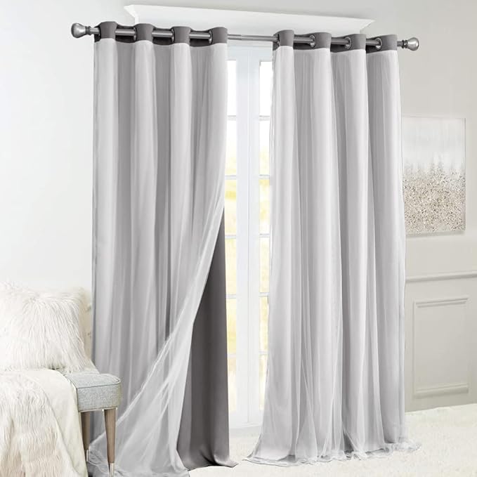 Dark Grey Blackout Curtains for Bedroom, Nursery - 84 inch Length Double Layers and Sheer with Lace Hem Luxury Window Curtain & Drapes Panels for Living Room with Extra Tie-Backs, 2 PCs
