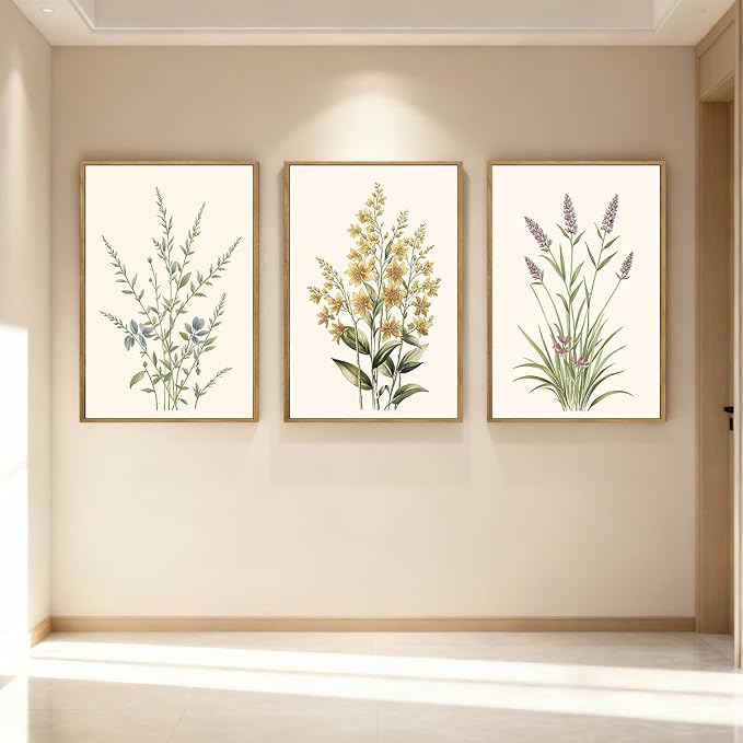 Anyzal Botanical Floral Framed Wall Art Large 16x24 Inch Modern Neutral Wildflower Canvas Art Prints Beige Cream Flower Wall Decor for Living Room Bedroom Dining Room Set of 3