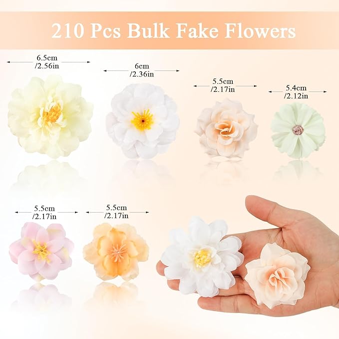ATTGREAT 210 Pcs Mini Silk Flower Heads Small Fake Rose Daisy Faux Flowers Bulk for Crafts Artificial Loose Fabric Flowers Heads Sunflower Bulk for Wedding Hair Cap Dresses Decorations (White)