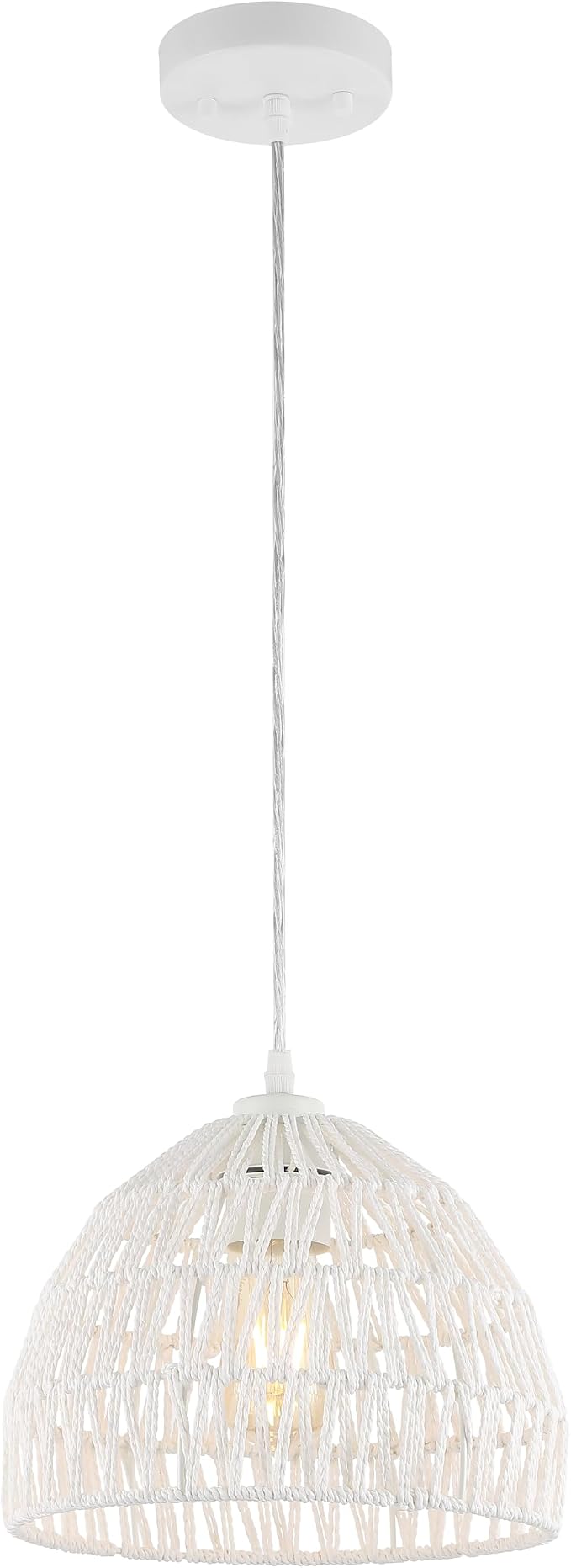 JONATHAN Y 10.25" White Modern Bohemian Woven Rope LED Pendant Light Fixture, Adjustable Dome Ceiling Lamp for Kitchen Island, Rope Shade, Coastal Farmhouse Decor (JYL6513A)