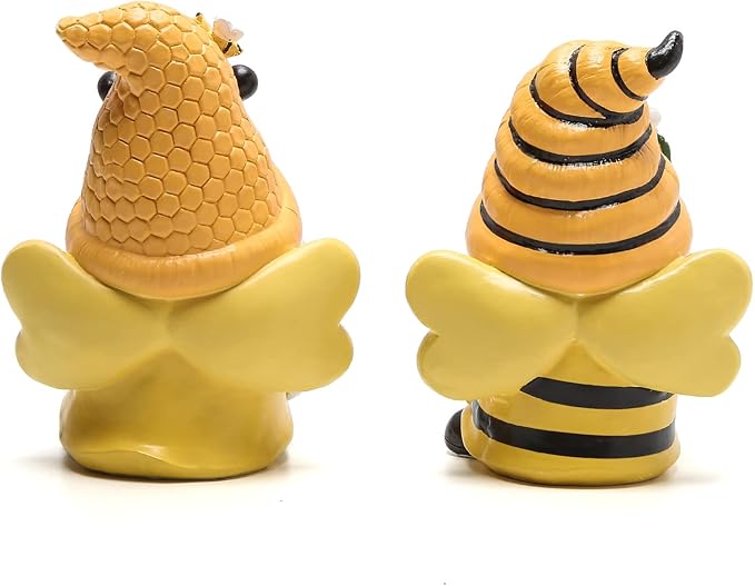 Hodao Bee Gnomes Set of 2 - Honey Bee Day Resin Statues, Summer Spring Gnome Figurines Decor for Home Kitchen Tiered Tray, Cute Bumble Bee Bumblebee Decorations for Table Office Garden Shelf, 4.3" H