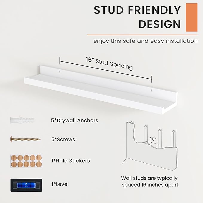 FLYJOE Picture Ledge Shelf, Floating Shelves Set of 2, 24 Inches Nursery Book Shelves for Toys Storage, Kids Bookshelf Wall Mounted for Living Room Bedroom Decor Books Photo Frames, White