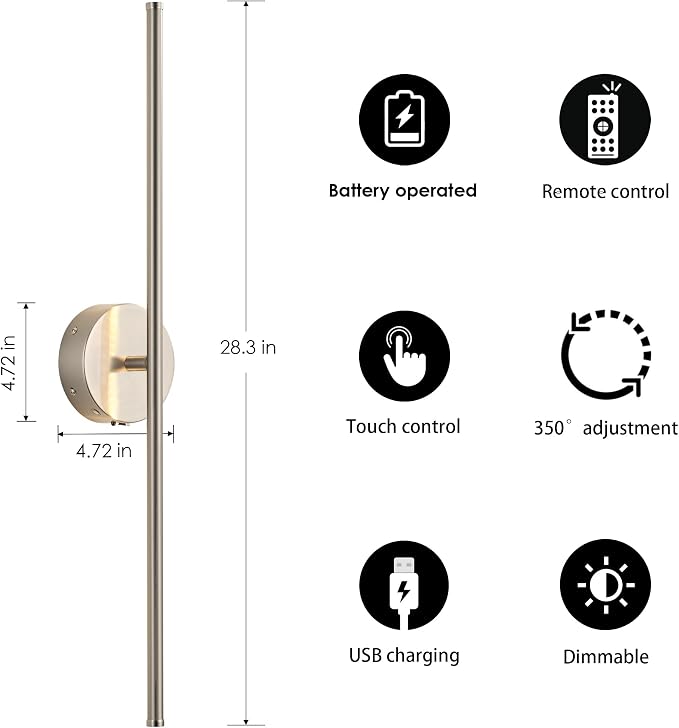 KARTOOSH Battery Operated Wall Sconces with Remote Control, Dimmable Wall Sconces Set of Two, 350°Rotate, 3000K LED Nickel Wireless Wall Light for Living Room,Bedroom, Hallway, 28.3 Inch (2 Pack)