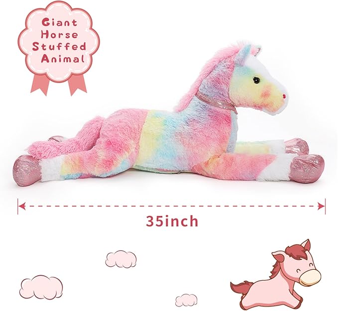 Tezituor 3ft Large Stuffed Horse Animal, Pink Large Stuffed Horse Plush 35 inch Soft Rainbow Pony Plush Body Pillow Toys for Boys Girls Birthday Praty Gift
