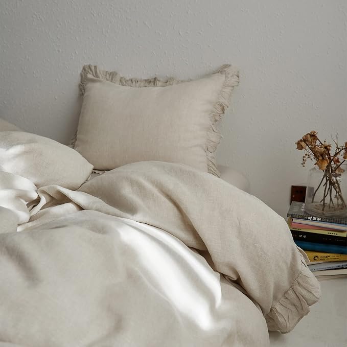100% French Linen Euro Shams with Ruffles - Set of 2 - Washed Solid Color Natural Flax Soft Breathable Pillow Covers - Linen, 26'' x 26''