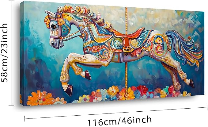 Ggaafet Colorful Carousel Wall Art for Living Room Canvas Oil Painting Prints Beautiful Circus Horse Art Deco Modern Artwork Office Bedroom Family Dining Room Decor Large