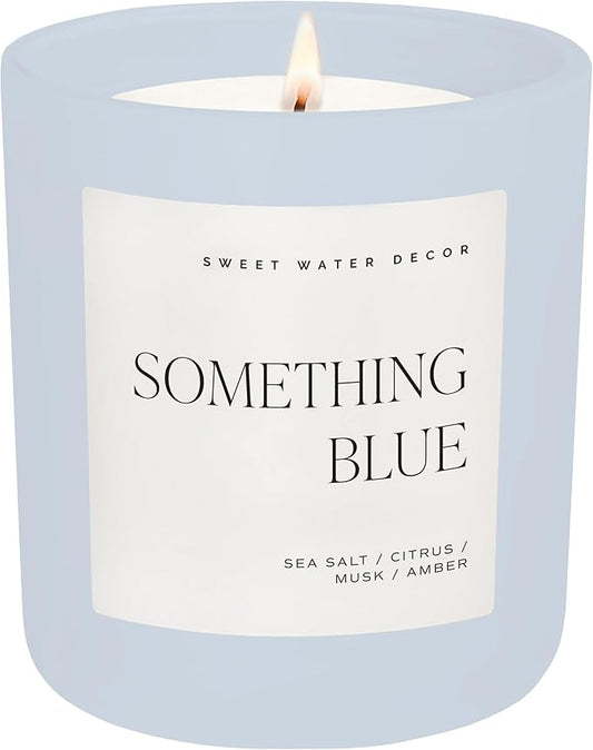 Sweet Water Decor Something Blue Candle, Non-Toxic Soy Wax with Lemon, Cedarwood, Cinnamon, Vetiver, Amber & Musk, 15 oz Jar, 70 Hours Burn Time - Bridal Shower Decoration and Gift for Future Wife