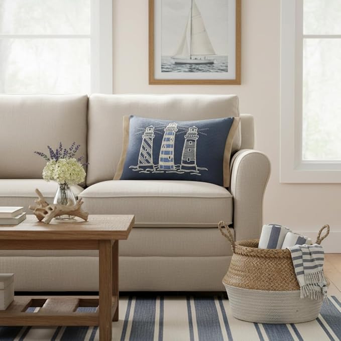 Comfy Hour Under The Sea Collection Ocean Coastal Three Lighthouses Accent and Throw Pillow Blue Decorative Cushion, 18"x13", Polyester