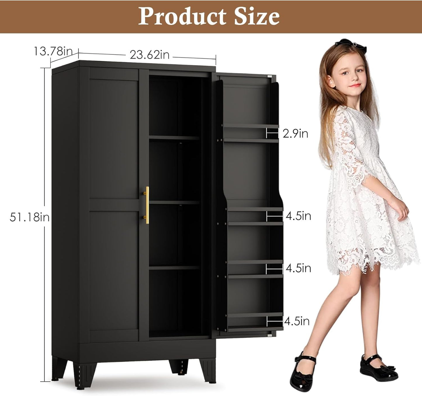 51" Metal Kitchen Pantry Cabinet, Storage Cabinets with 2 Door and 3 Adjustable Shelves, Black Freestanding Food Storage Cabinet, Steel Cupboard for Kitchen Dinning Room