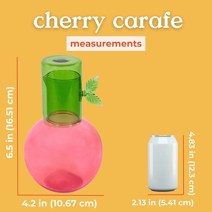 ban.do Cute Glass Water Carafe, Cherry | Colored Glass Bedside Water Pitcher, Novelty/Unique/Fruit Pitcher and Cup Set for Functional Home Decor