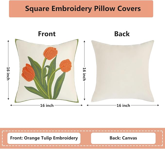 Embroidery Throw Pillow Covers 16x16 inch Pack of 2 Orange Tulip Flower Pillowcases Spring Summer Pillow Covers for Couch Cotton Canvas Cushion Cover Square Farmhouse Floral Decor Pillow Case