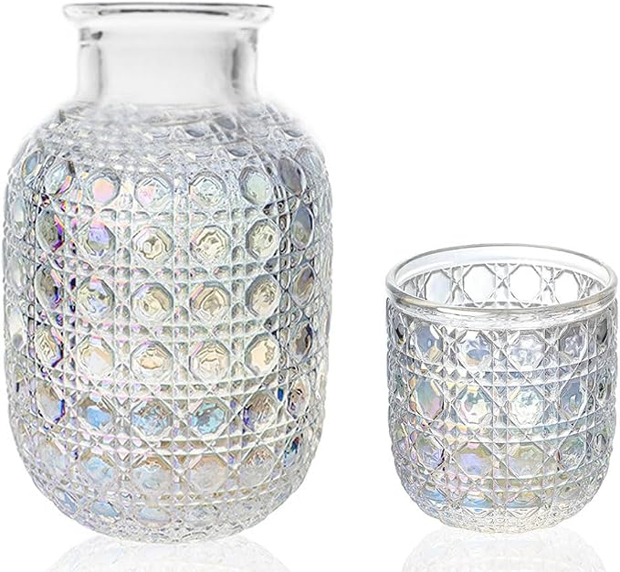 Bedside Water Carafe and Glass Set, Vintage Floral Glass Carafe with Tumbler Cup, 15oz Nightstand Water Pitcher for Bedroom, Decorative Mouthwash Decanter for Bathroom, Colorful Glassware