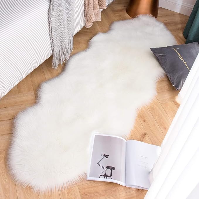 Carvapet Faux Sheepskin Rug Runner - Plush Fur Couch Pad Covers for Sofa, White Shaggy Decorative Area Rugs for Bedroom Bench 2ft x 6ft