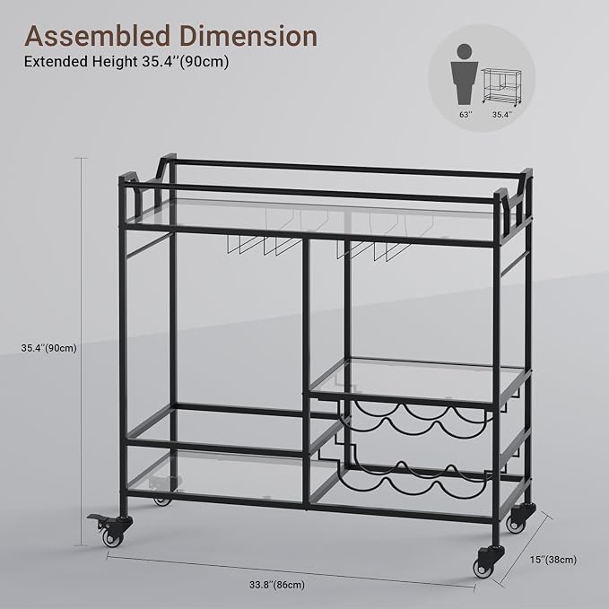Black Bar Cart, Home Bar Serving Cart with Handle, Wine Cart with 3-Tier Glass Shelves, Beverage Cart with Wine Rack and Glass Holder, Bar Carts for The Home, Dining Room