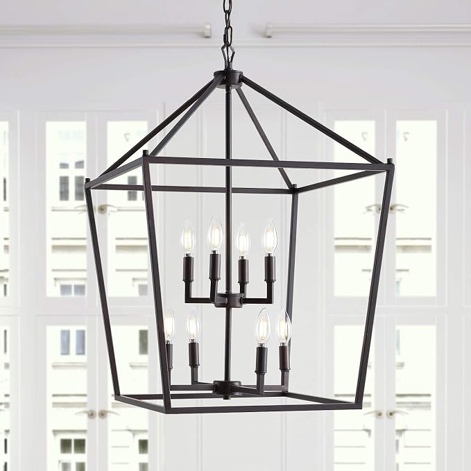 JONATHAN Y 20" Oil Rubbed Bronze Lantern Pendant Light, 8-Light Pagoda Style Metal Cage Farmhouse Hanging Ceiling Fixture for Kitchen Island, LED Bulb Included (JYL7438A)