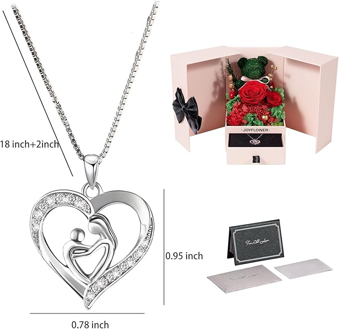 JoyFlower Preserved Rose Moss Bear with Necklace Christmas Roses Gifts Forever Flowers Red Rose Teddy Bear for Mom Women Girlfriend Wife Grandma Valentines Mothers Day Birthday Anniversary Wedding